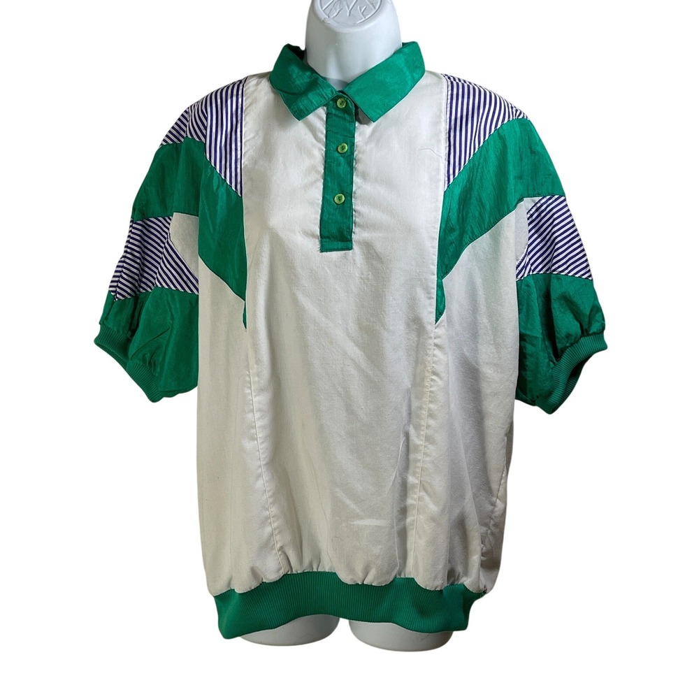 Casual Isle Colorblock Polo Shirt XL White Green Blue Striped Athletic vtg 80s